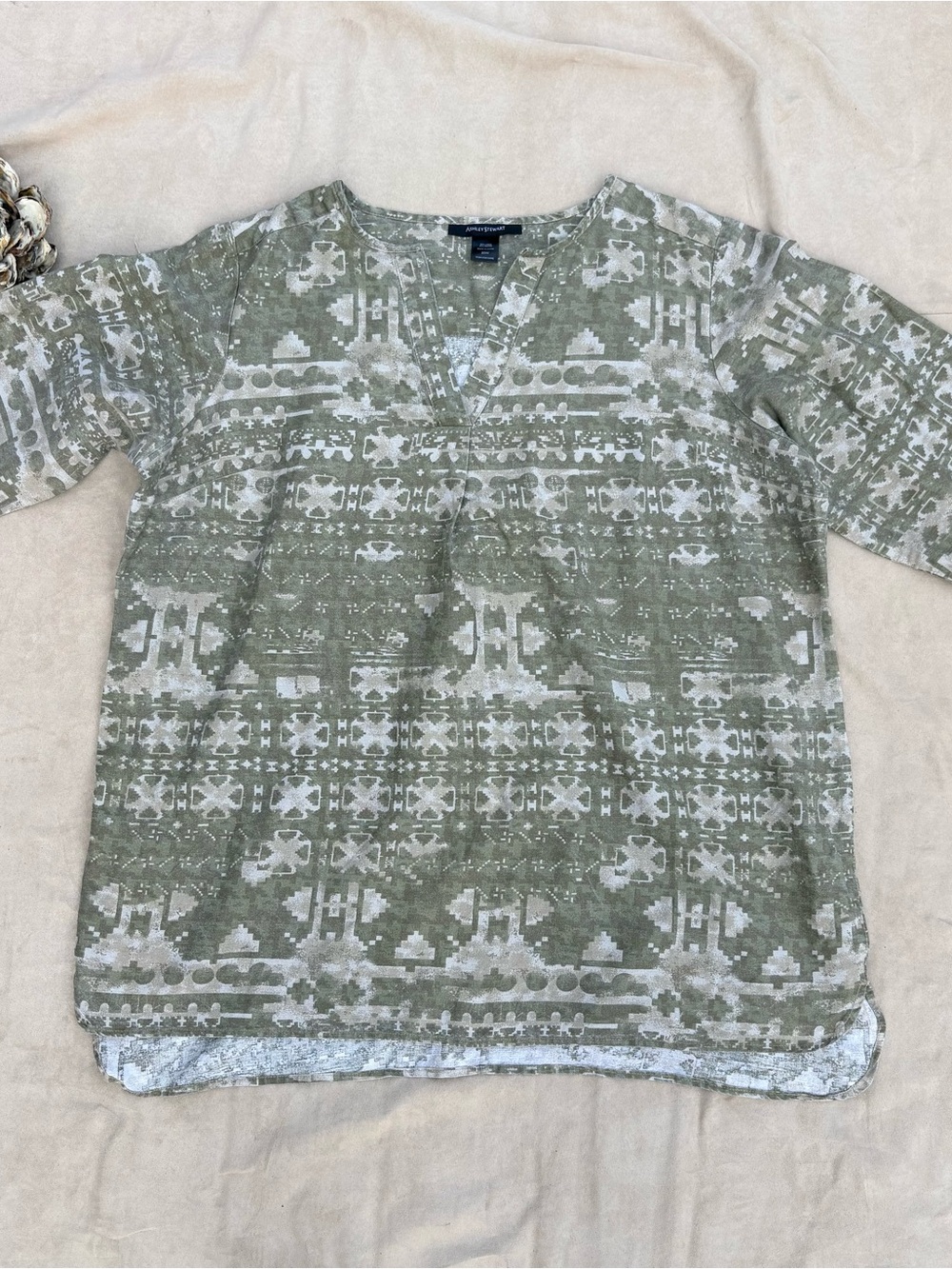 Plus 💚Ashley Stewart Womens Linen Blend Green Tunic Top 3/4 Sleeve -